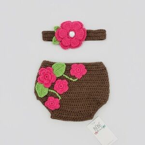 Flower Crochet Diaper Cover Set - Brown and Pink